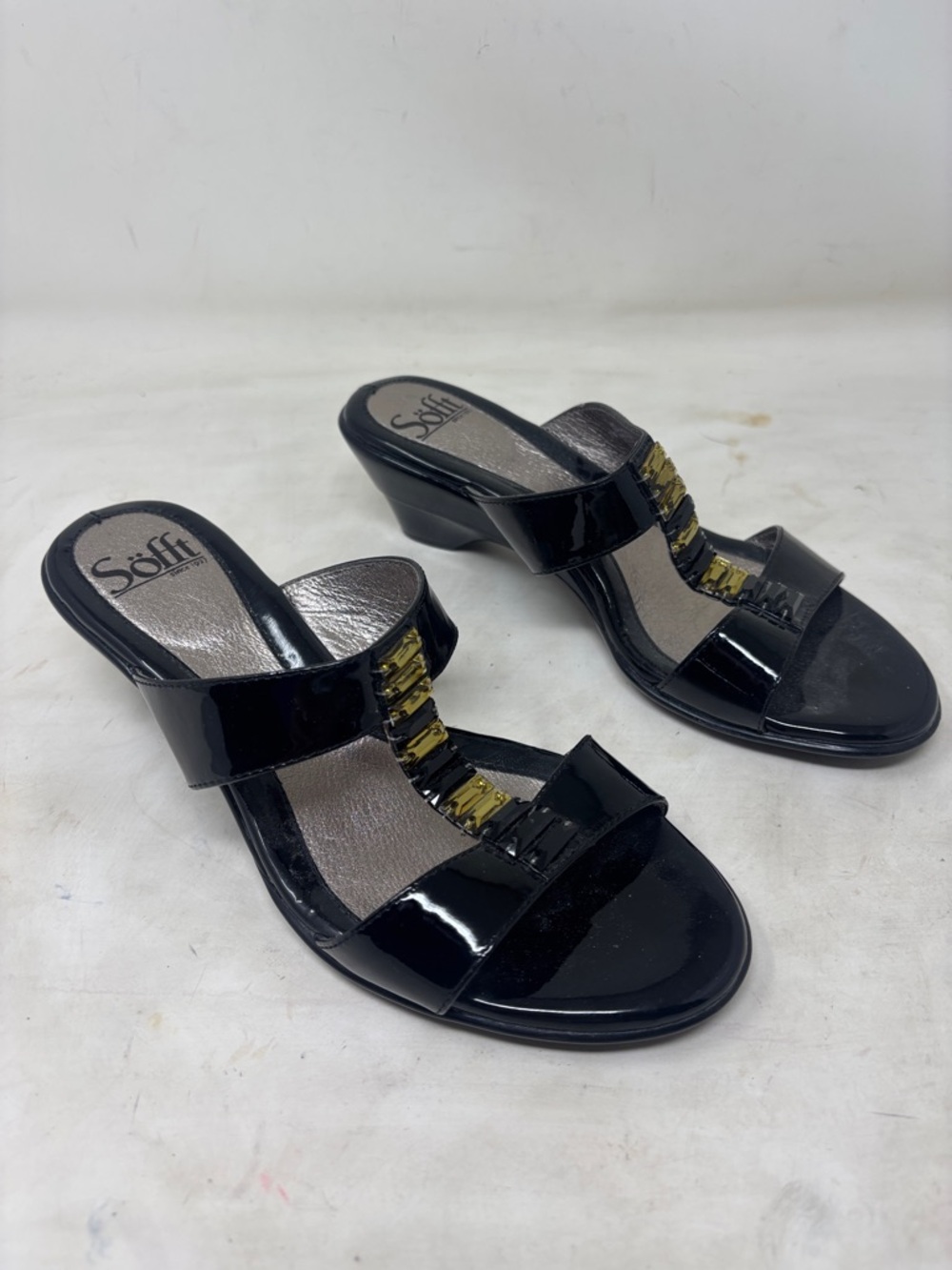 Sofft Black Patent Slide Mules with Gold-Tone Embellishment